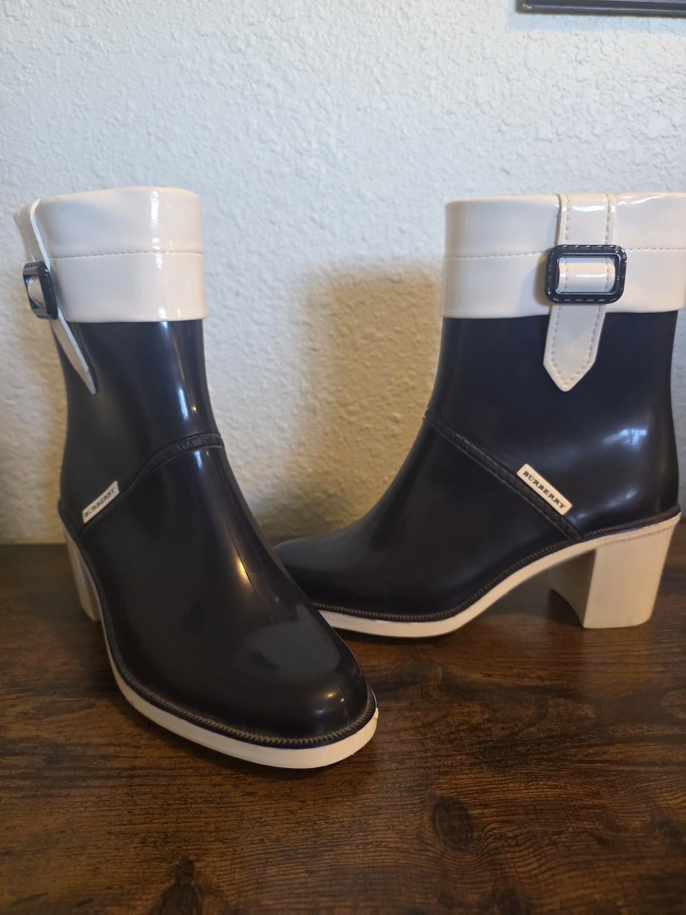 Vintage Burberry Navy and White Patent Ankle Rain Booties Never Worn